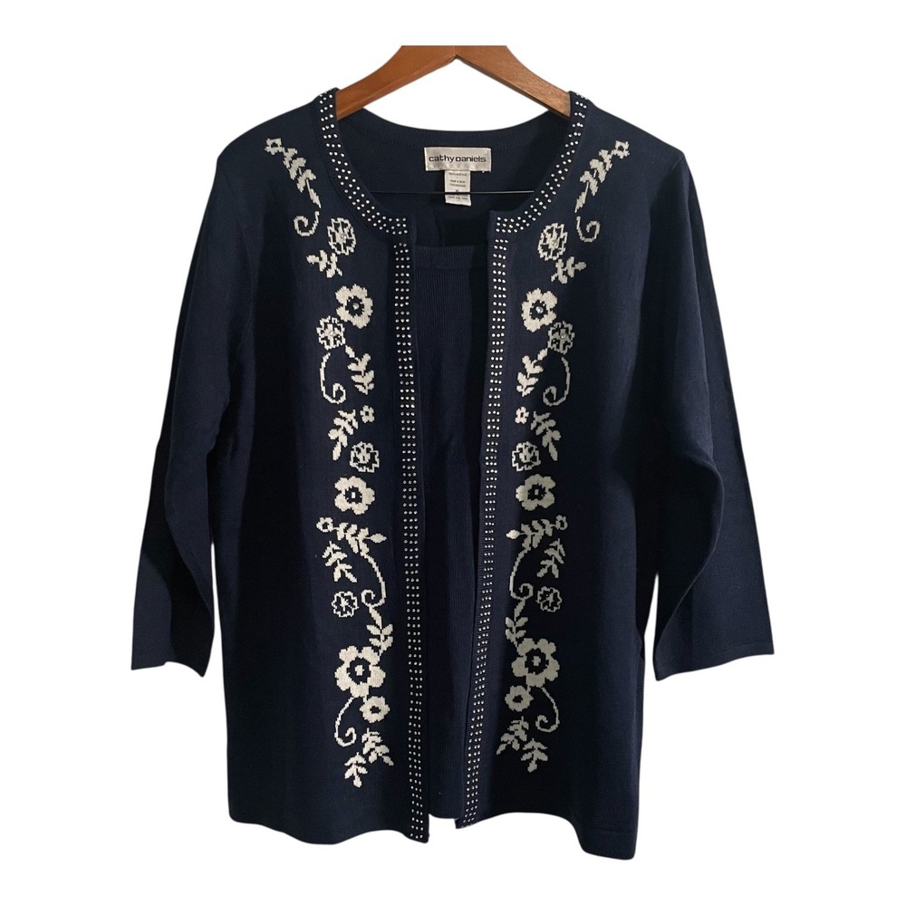 Cathy Daniels Cardigan Women's XL Blue Faux Layered Beaded Floral Print Accent